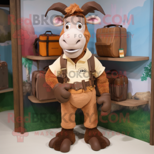 Brown Boer Goat mascot costume character dressed with a Cargo Shorts and Clutch bags
