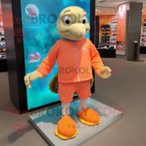 Peach Sea Turtle mascot costume character dressed with a Running Shorts and Foot pads