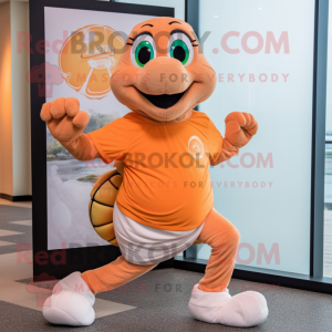 Peach Sea Turtle mascot costume character dressed with a Running Shorts and Foot pads