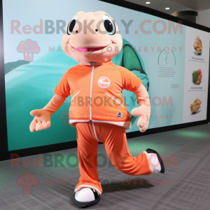 Peach Sea Turtle mascot costume character dressed with a Running Shorts and Foot pads