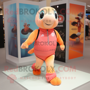 Peach Sea Turtle mascot costume character dressed with a Running Shorts and Foot pads