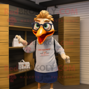 Tan Roosters mascot costume character dressed with a Long Sleeve Tee and Eyeglasses
