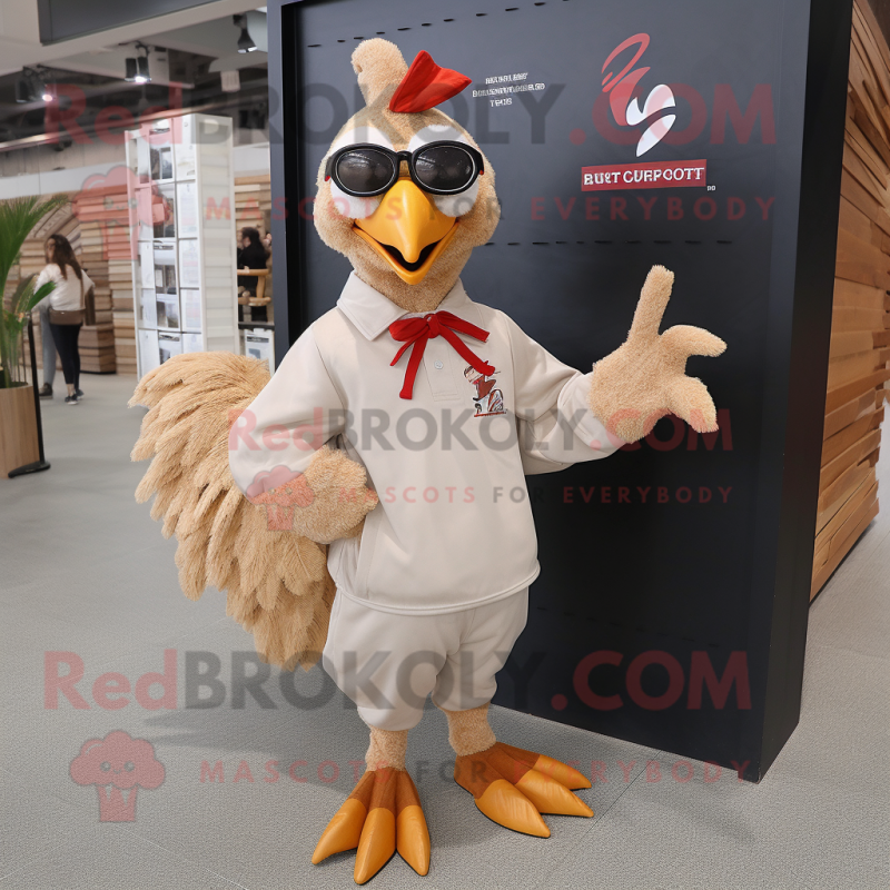 Tan Roosters mascot costume character dressed with a Long Sleeve Tee and Eyeglasses