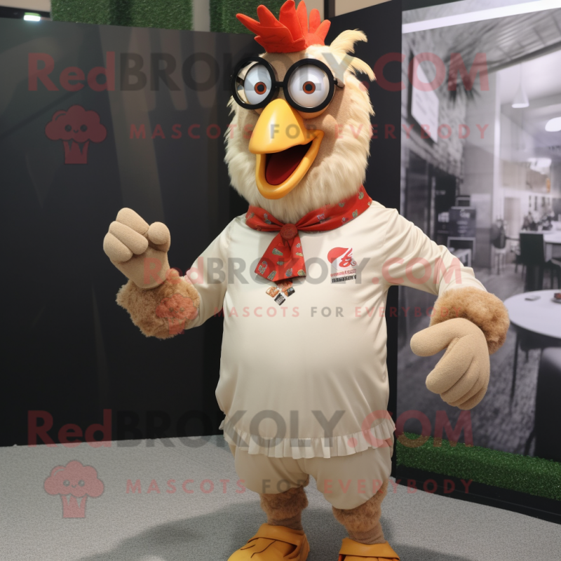 Tan Roosters mascot costume character dressed with a Long Sleeve Tee and Eyeglasses Tan Roosters mascot costume character dressed with a Long Sleeve Tee and Eyeglasses