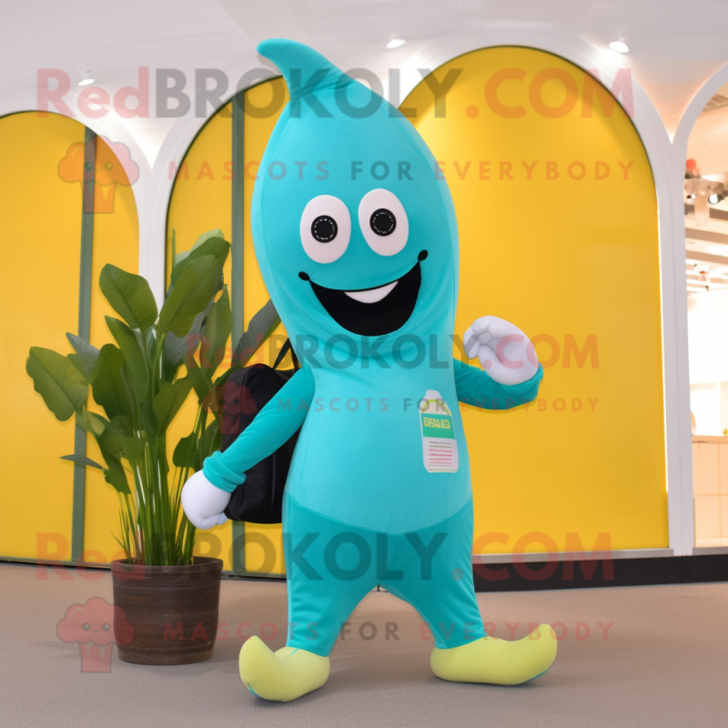 Turquoise Banana mascot costume character dressed with a Yoga Pants and Wallets Turquoise Banana mascot costume character dressed with a Yoga Pants and Wallets