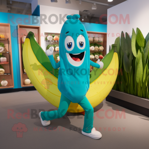 Turquoise Banana mascot costume character dressed with a Yoga Pants and Wallets