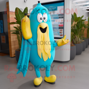 Turquoise Banana mascot costume character dressed with a Yoga Pants and Wallets