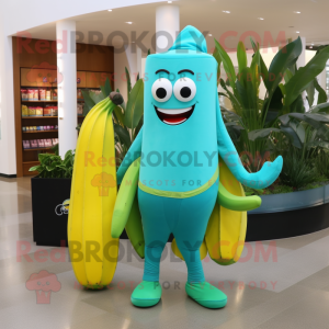 Turquoise Banana mascot costume character dressed with a Yoga Pants and Wallets