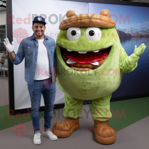 Olive Pulled Pork Sandwich mascot costume character dressed with a Boyfriend Jeans and Foot pads