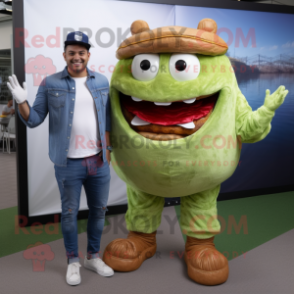 Olive Pulled Pork Sandwich mascot costume character dressed with a Boyfriend Jeans and Foot pads