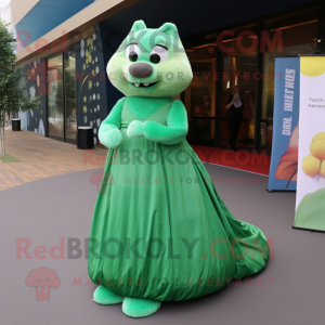 Green Otter mascot costume character dressed with a Ball Gown and Backpacks