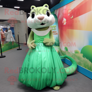 Green Otter mascot costume character dressed with a Ball Gown and Backpacks