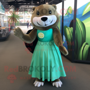 Green Otter mascot costume character dressed with a Ball Gown and Backpacks