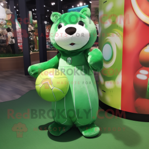 Green Otter mascot costume character dressed with a Ball Gown and Backpacks