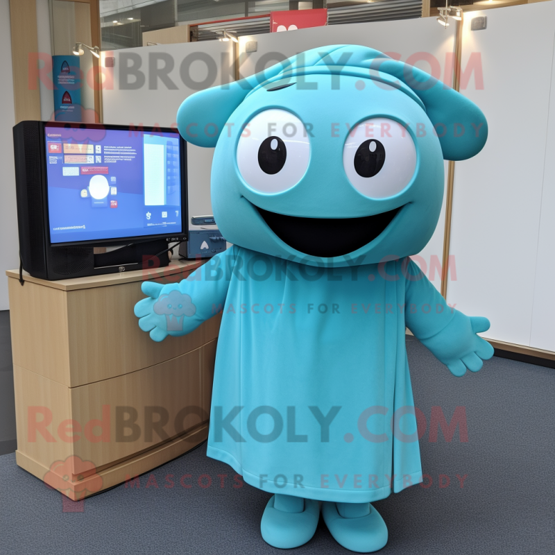 Turquoise Television mascot costume character dressed with a Culottes and Wraps