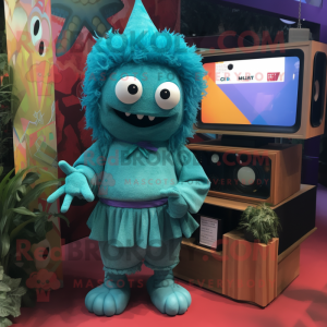 Turquoise Television mascot costume character dressed with a Culottes and Wraps