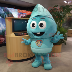 Turquoise Television mascot costume character dressed with a Culottes and Wraps