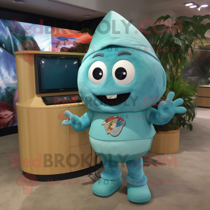 Turquoise Television mascot costume character dressed with a Culottes and Wraps Turquoise Television mascot costume character dressed with a Culottes and Wraps