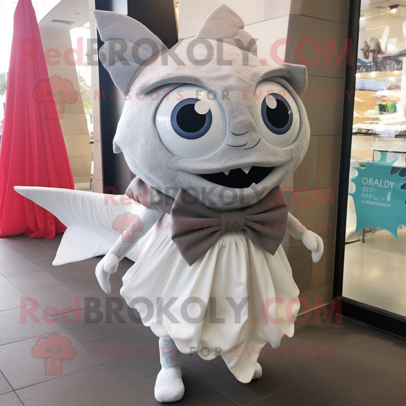 Gray Fish Tacos mascot costume character dressed with a Wedding Dress and Bow ties Gray Fish Tacos mascot costume character dressed with a Wedding Dress and Bow ties