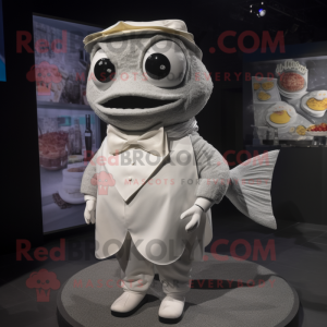 Gray Fish Tacos mascot costume character dressed with a Wedding Dress and Bow ties