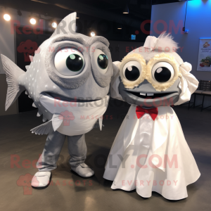 Gray Fish Tacos mascot costume character dressed with a Wedding Dress and Bow ties