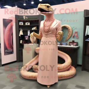 Peach Titanoboa mascot costume character dressed with a Sheath Dress and Lapel pins