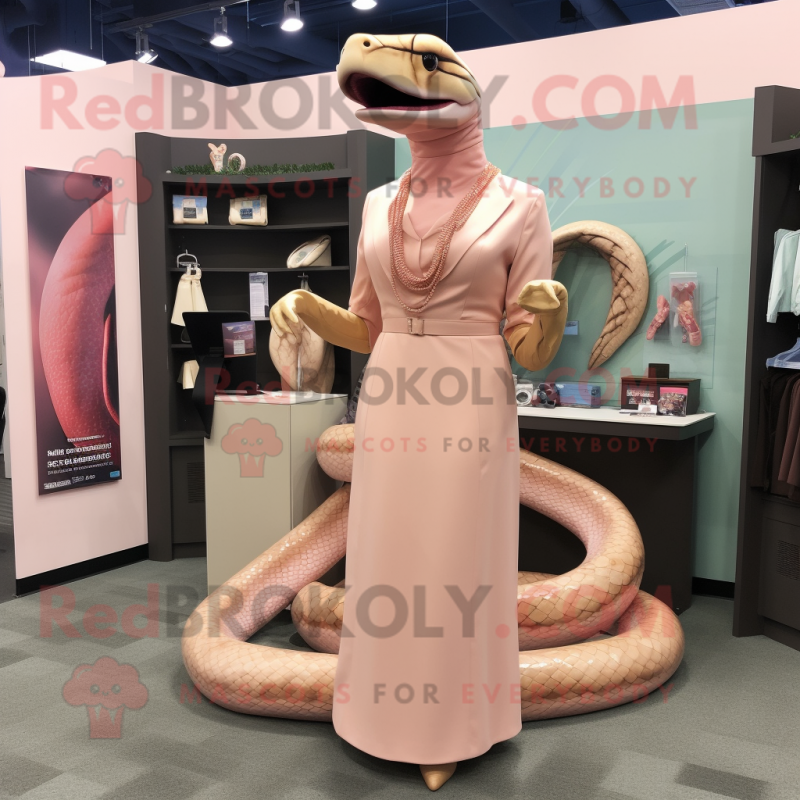Peach Titanoboa mascot costume character dressed with a Sheath Dress and Lapel pins Peach Titanoboa mascot costume character dressed with a Sheath Dress and Lapel pins