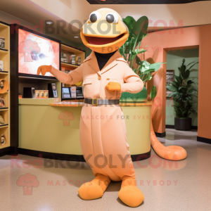 Peach Titanoboa mascot costume character dressed with a Sheath Dress and Lapel pins