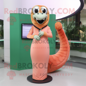 Peach Titanoboa mascot costume character dressed with a Sheath Dress and Lapel pins