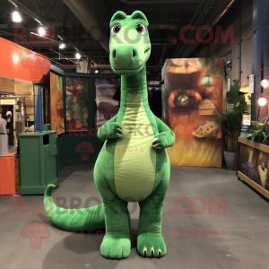 Green Brachiosaurus mascot costume character dressed with a Corduroy Pants and Earrings
