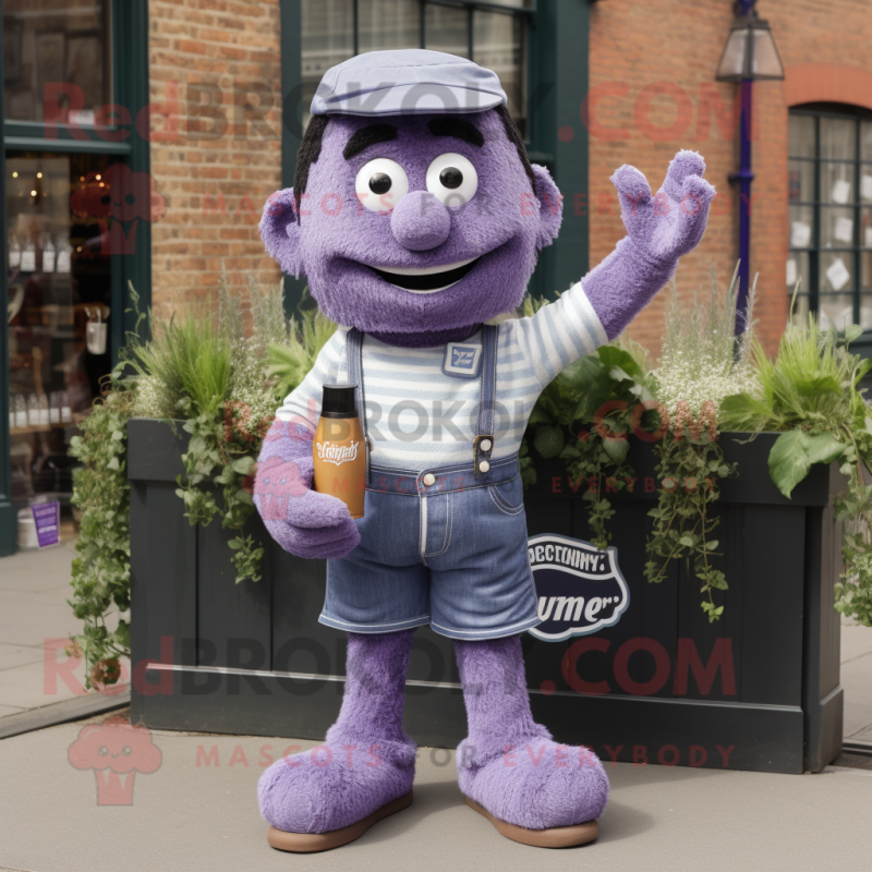 Lavender Guinness mascot costume character dressed with a Denim Shorts and Gloves Lavender Guinness mascot costume character dressed with a Denim Shorts and Gloves