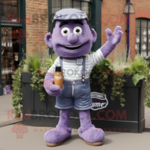 Lavender Guinness mascot costume character dressed with a Denim Shorts and Gloves