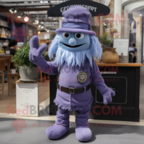 Lavender Guinness mascot costume character dressed with a Denim Shorts and Gloves