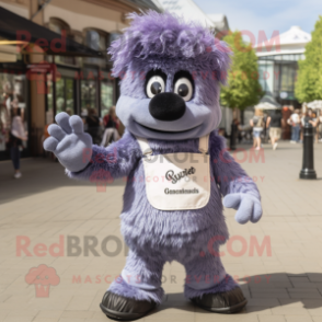 Lavender Guinness mascot costume character dressed with a Denim Shorts and Gloves
