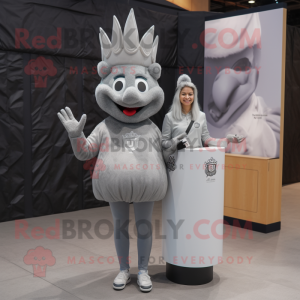 Gray Queen mascot costume character dressed with a Blazer and Earrings