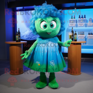 Blue Green Beer mascot costume character dressed with a Skirt and Hairpins