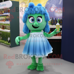 Blue Green Beer mascot costume character dressed with a Skirt and Hairpins