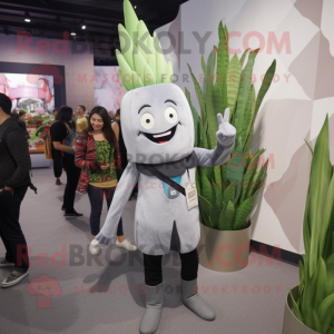 Gray Asparagus mascot costume character dressed with a Leggings and Hair clips