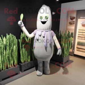 Gray Asparagus mascot costume character dressed with a Leggings and Hair clips