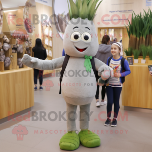 Gray Asparagus mascot costume character dressed with a Leggings and Hair clips