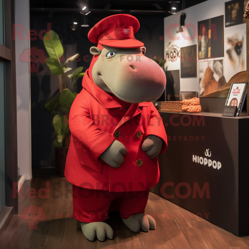 Red Hippopotamus mascot costume character dressed with a Coat and Berets