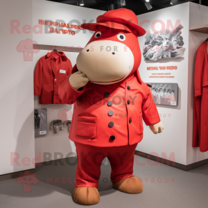 Red Hippopotamus mascot costume character dressed with a Coat and Berets