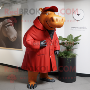 Red Hippopotamus mascot costume character dressed with a Coat and Berets