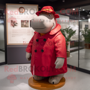 Red Hippopotamus mascot costume character dressed with a Coat and Berets