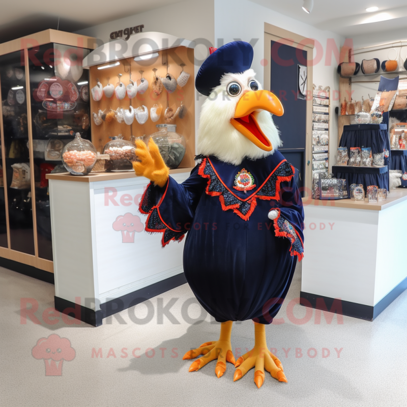 Navy Roosters mascot costume character dressed with a Wrap Dress and Coin purses Navy Roosters mascot costume character dressed with a Wrap Dress and Coin purses