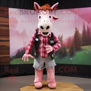 Pink Okapi mascot costume character dressed with a Flannel Shirt and Hair clips