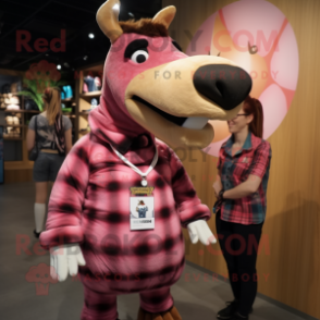 Pink Okapi mascot costume character dressed with a Flannel Shirt and Hair clips