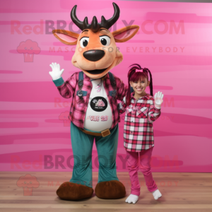 Pink Okapi mascot costume character dressed with a Flannel Shirt and Hair clips