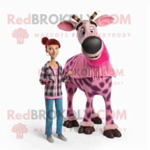 Pink Okapi mascot costume character dressed with a Flannel Shirt and Hair clips