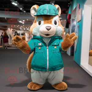 Teal Squirrel mascot costume character dressed with a Parka and Caps